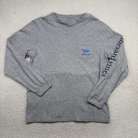 Vineyard Vines T Shirt Mens M Gray USA Flag Football Truck Long Sleeve Crew Neck - Picture 2 of 7